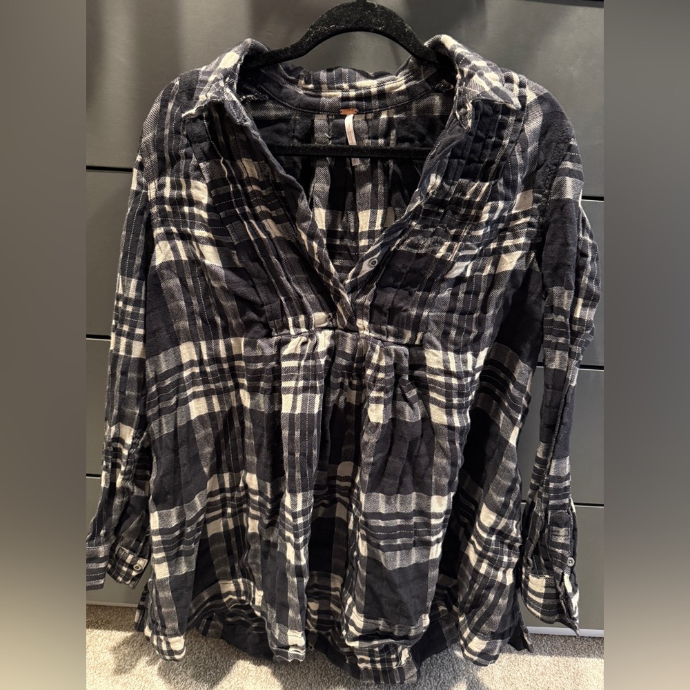Free People Long Sleeve Plaid Black and cream mini Dress